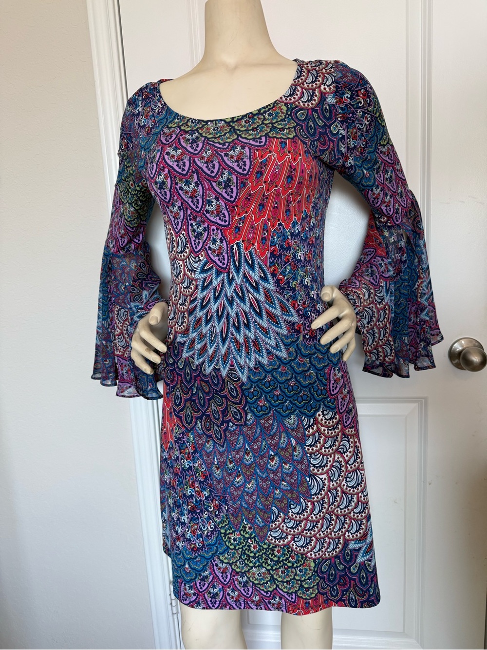 Ivy Road Bell Sleeve Peacock Paisley Retro-Inspired Mini Dress